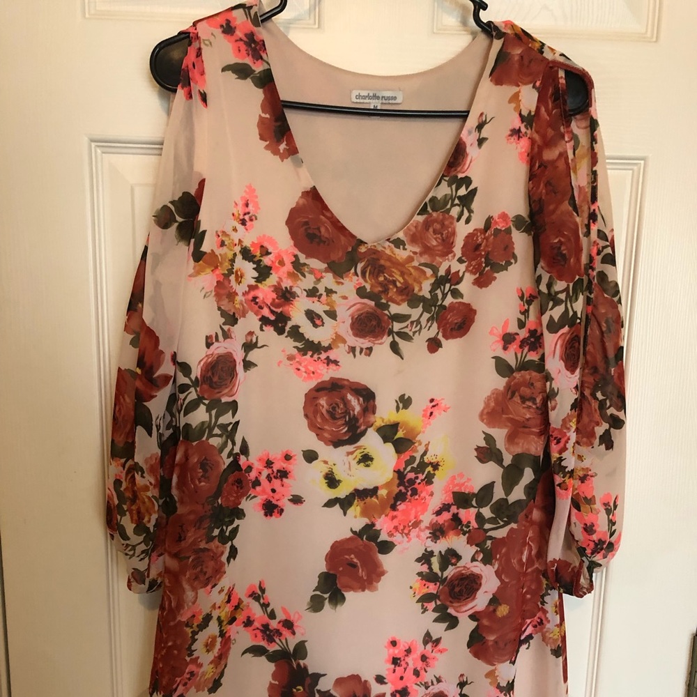 Floral/Tan Dress with Cut-Sleeve Detail